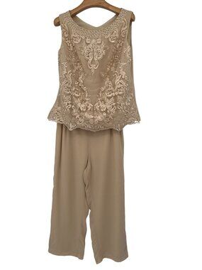 Lan ting Embroidered Beige Sleeveless pant suit Sheer Overlay Pearl Bead size la